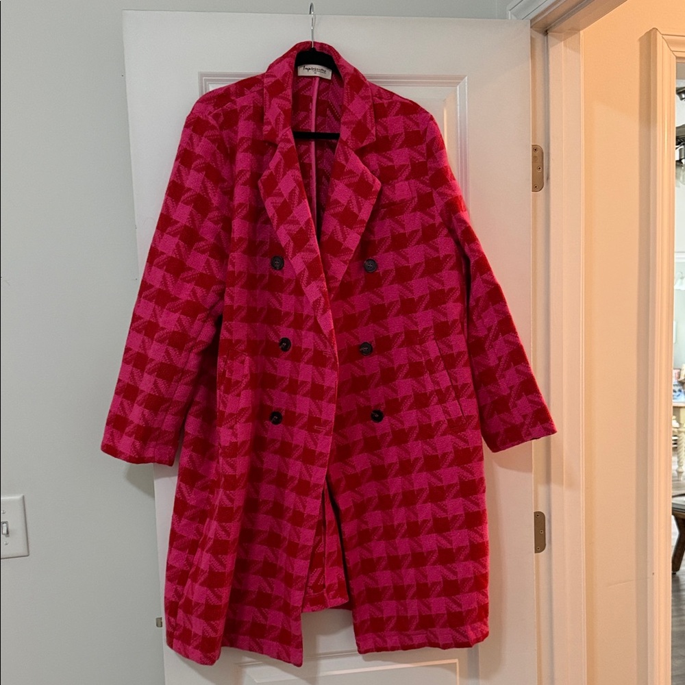 Impressions Double-Breasted Hot Pink Houndstooth Pea Coat